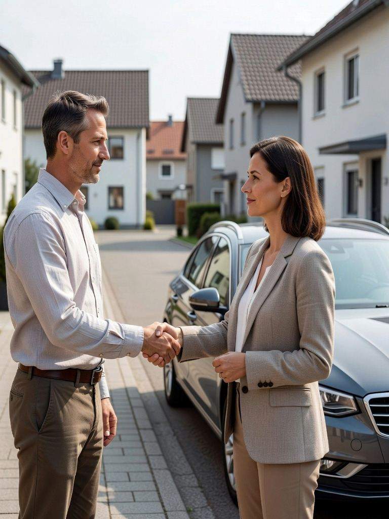seriöser und geprüfter Autoankäufer mitten beim Vertragsabschluss in einer Wohngegend in Overath